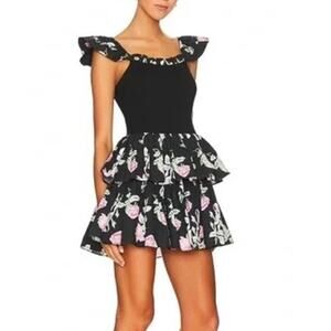 LoveShackFancy Sanam Ruffle Tiered Floral Mini Dress Black 10